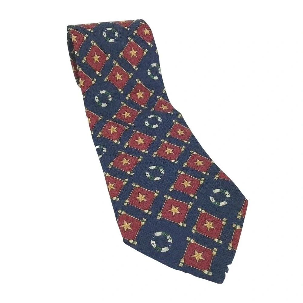 Vtg Tommy Hilfiger Mens Silk Tie Stars Nautical Life‎ Preservers Red Gold Navy